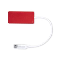 A red USB drive with a white cable, featuring a simplistic design and a logo on its surface.