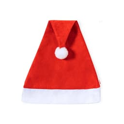 A red Santa hat with a white fluffy trim and a pom-pom on top, featuring a logo.