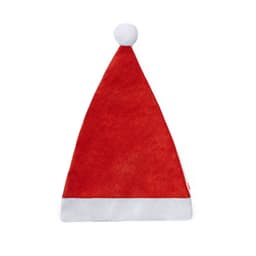 A red Santa hat with a white fur brim and a white pom-pom on top, featuring a logo.