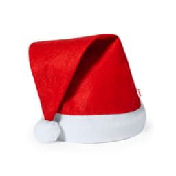 A red Santa hat with a white brim and a fluffy white pom-pom on top. It features a logo on the side.
