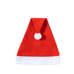 A red Santa hat made of soft fabric, featuring a white brim and a fluffy white pom-pom on top.