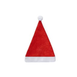 A red Santa hat with a white brim and a fluffy pom-pom on top. Includes a branding logo.