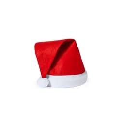 A red and white Santa hat with a fluffy white pompom on the tip. It has a soft felt texture and a folded design.