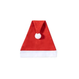 A red Santa hat with a white trim and a fluffy pom-pom on top, featuring a logo.
