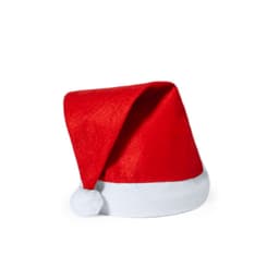 A red Santa hat with a white fur trim and a fluffy pom-pom on the tip. It has a soft texture.