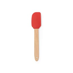 A red silicone spatula with a wooden handle, featuring a flat, flexible head.