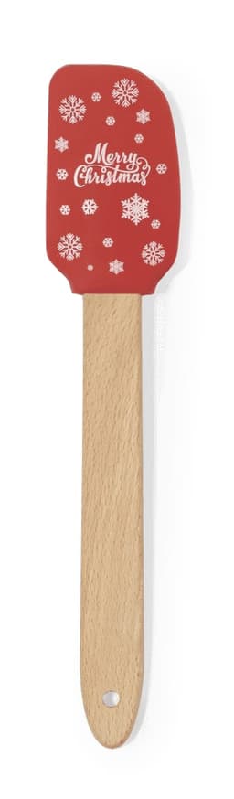 A red spatula with a festive design and wooden handle, featuring a logo.