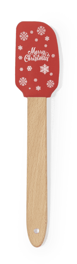 A red spatula with a wooden handle, featuring festive snowflakes and a "Merry Christmas" design.