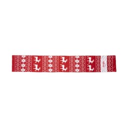 A red scarf with white reindeer patterns and geometric designs, featuring a small logo on one end.