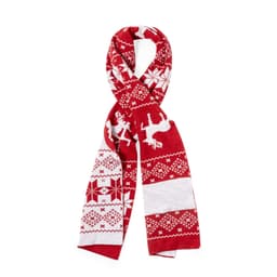 A red and white scarf featuring festive patterns, including reindeer and snowflakes, with a logo present.