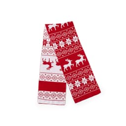 A red and white knitted scarf featuring reindeer and snowflake patterns, with a decorative design throughout.