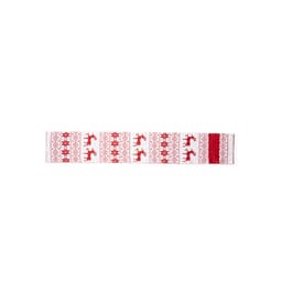 A long white scarf featuring red patterns, including reindeer and snowflakes, and a solid red section. It has a logo.
