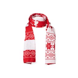 A red and white patterned scarf featuring holiday motifs and geometric designs. It has a logo on one side.