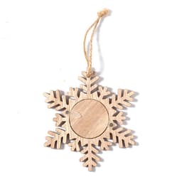 A wooden snowflake ornament with a natural finish, featuring cut-out details and a twine hanging loop.