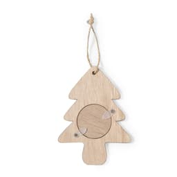 A wooden photo frame in the shape of a Christmas tree, featuring a circular opening and a hanging string.