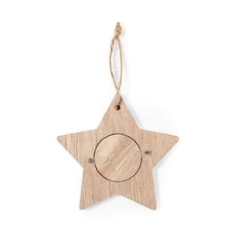 A star-shaped photo frame in a light wooden finish, complete with a hanging cord for display.