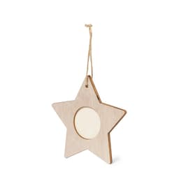 A wooden star-shaped photo frame with a circular insert, featuring natural wood tones and a hanging string.
