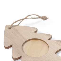 A wooden photo frame shaped like a Christmas tree, featuring a circular opening and a twine hanging cord.