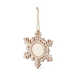 A wooden snowflake-shaped photo frame in natural tones, featuring cut-out leaf designs and a hanging string.