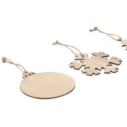 Wooden decorative tags shaped like an ornament, snowflake, and star, each with a string for hanging.
