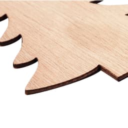 A wooden novelty item in the shape of a Christmas tree, featuring a natural wood finish and intricate cut-out edges.