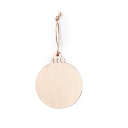 A wooden ornament tag with a round shape and a twine loop for hanging.