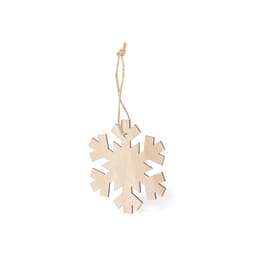 A wooden snowflake-shaped ornament with a twine string for hanging. The design features intricate snowflake cuts.