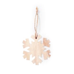 A wooden snowflake ornament with a string for hanging, featuring a natural light wood finish.