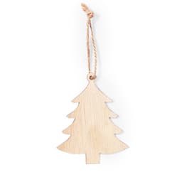 A wooden Christmas tree ornament hanging from a twine loop, featuring a natural wood finish.