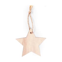 A wooden star-shaped tag with a natural finish and a twine loop for hanging.