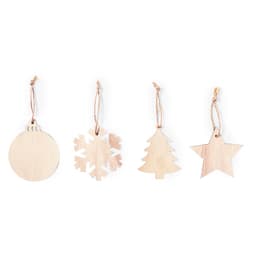 A set of four blank wooden decorations featuring a bauble, snowflake, Christmas tree, and star, each with a string.