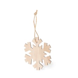 A wooden snowflake-shaped ornament with a natural finish and a jute string for hanging.