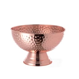 A copper ice bucket with a hammered finish, featuring a broad bowl and a pedestal base.