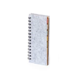 A spiral-bound notebook in grey with colourful tabs on the side. It has a simple, textured cover.