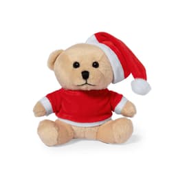 A plush teddy bear wearing a red Christmas sweater and a Santa hat, featuring black button eyes and a soft expression.