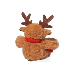 A plush toy reindeer in brown with brown antlers and a red scarf, featuring a soft, rounded shape.