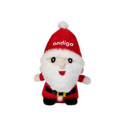 A plush toy Santa Claus in red outfit with a white beard, black belt, and a bobble hat featuring a logo.