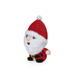 A plush toy of a Santa Claus figure in red and white, with a fluffy beard and a black belt, smiling cheerfully.