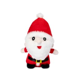 A plush toy of a smiling Santa Claus in red and white, featuring a fluffy beard and a black belt.