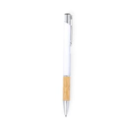 A metal pen with a white upper section and a natural bamboo lower section, featuring a chrome clip.