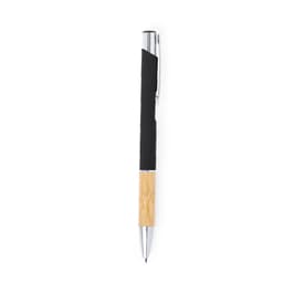 A metal pen featuring a black grip and a bamboo lower section, with a silver clip and accents.