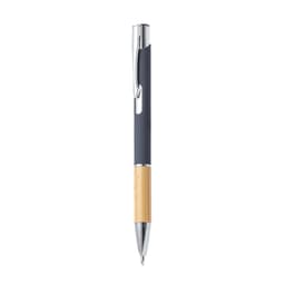 A metal pen with a sleek black upper section and a bamboo lower section, featuring a clip and branding.