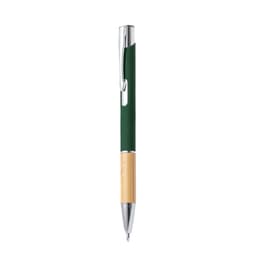 A metal pen featuring a green barrel and a bamboo grip, with a silver clip and tip. The pen has a logo on it.