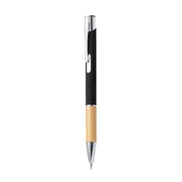 A metal pen featuring a black grip, bamboo barrel, and chrome accents. It includes a branding logo.