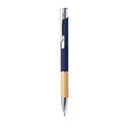 A metal pen featuring a navy blue body and a bamboo grip, complete with a chrome clip and accents.