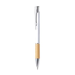 A metal pen with a white barrel and a bamboo grip, featuring a chrome clip and tip.