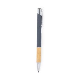 A metal pen featuring a grey body and a bamboo grip, with a silver clip and tip. It has branding on the body.