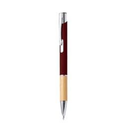A metal pen with a maroon body and bamboo accent, featuring a chrome clip and tip, along with a branding logo.