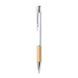 A metal pen with a white body and a bamboo grip, featuring a chrome clip and trim. It has a logo.