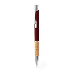 A metal pen featuring a maroon barrel and a cork grip, complete with a silver clip and accents.
